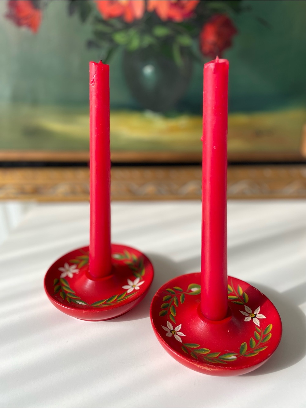 Swedish Red Floral Wooden Hand Painted Candle Holders. Scandinavian folk art. - Picture 4 of 9